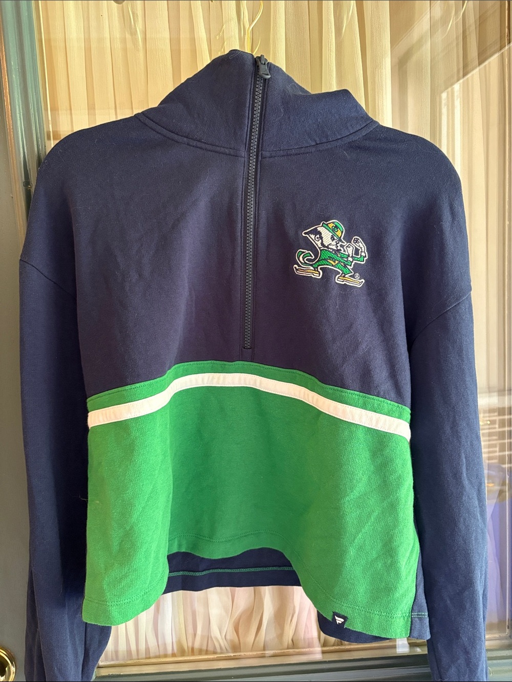 Fanatics Navy and Green Half-Zip Sweatshirt with Notre Dame Leprechaun